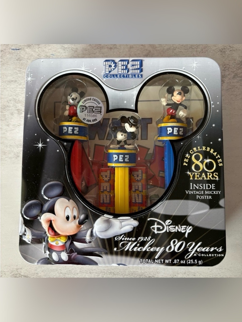 Disney PEZ Collection Celebrates 80 Years-NEW Still has Tape On Tin